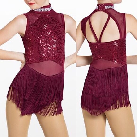 WEISSMAN Dance Costume burgundy fringe The Coolest Thing Ever 13815 child LC - Picture 1 of 9